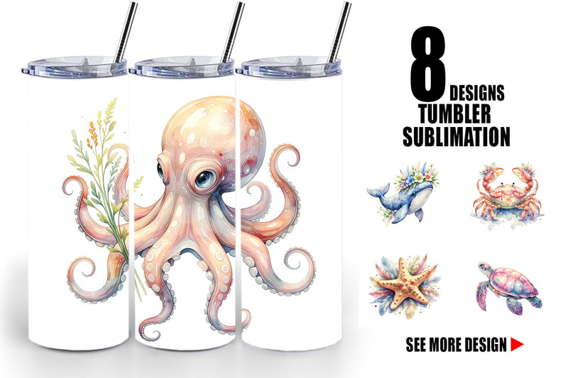 Tumbler Watercolor Cute Baby Ocean Animals Sublimation artnoy 