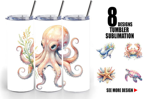 Tumbler Watercolor Cute Baby Ocean Animals Sublimation artnoy 