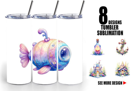 Tumbler Watercolor Cute Ocean Objects Sublimation artnoy 