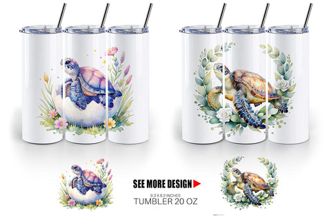 Tumbler Watercolor Floral Boho Sea Turtle Sublimation artnoy 
