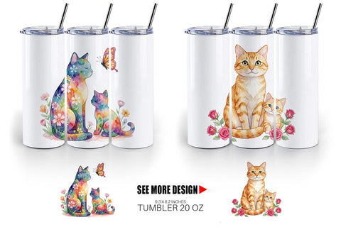 Tumbler Watercolor Floral Cat Motherhood Art Sublimation artnoy 