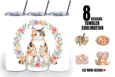 Tumbler Watercolor Floral Cat Motherhood Art Sublimation artnoy 