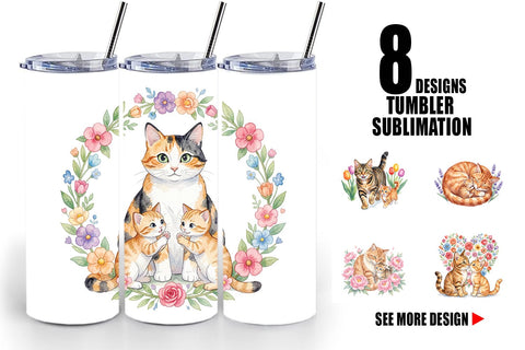 Tumbler Watercolor Floral Cat Motherhood Art Sublimation artnoy 