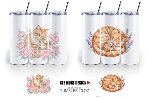 Tumbler Watercolor Floral Cat Motherhood Art Sublimation artnoy 