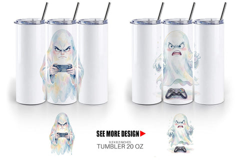 Tumbler Watercolor Funny Grumpy Gamer Ghost Sublimation artnoy 
