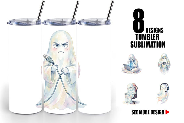 Tumbler Watercolor Funny Grumpy Gamer Ghost Sublimation artnoy 