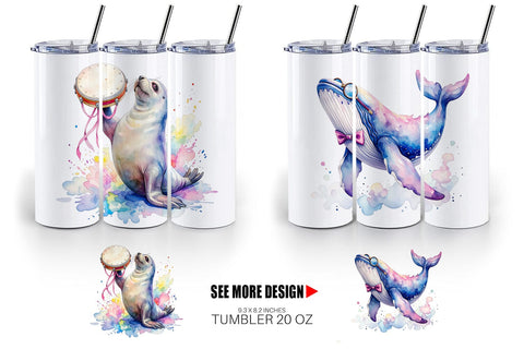 Tumbler Watercolor Funny Ocean Animals Sublimation artnoy 