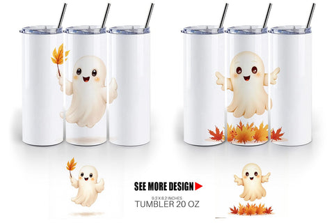 Tumbler Watercolor Ghost Autumn Leaves Sublimation artnoy 