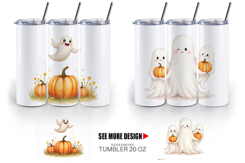 Tumbler Watercolor Ghost Pumpkin Friends Sublimation artnoy 