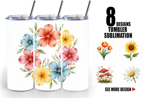 Tumbler Watercolor Groovy Garden 70s Retro Watercolor Florals Sublimation artnoy 