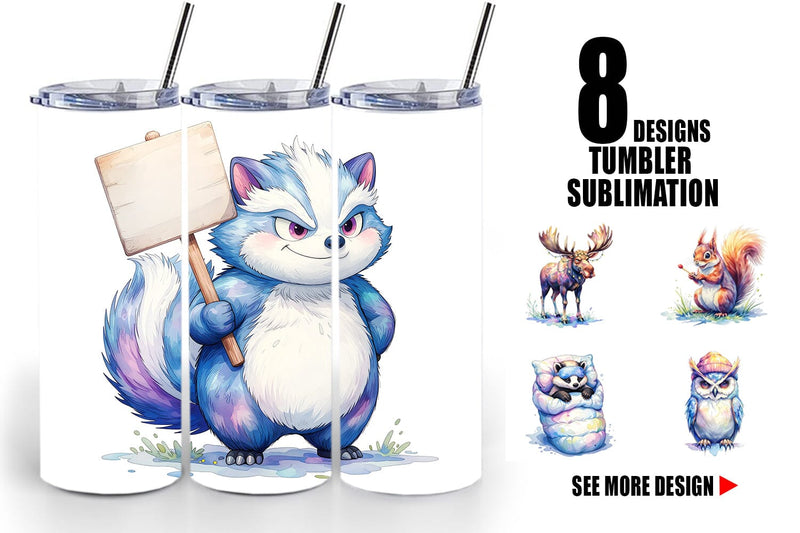 Tumbler Watercolor Grumpy Camping Animals Sublimation artnoy 