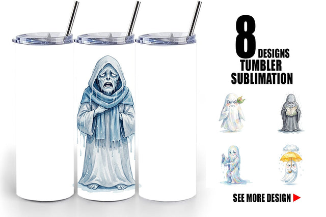 Tumbler Watercolor Grumpy Rainy Day Ghost Art Sublimation artnoy 
