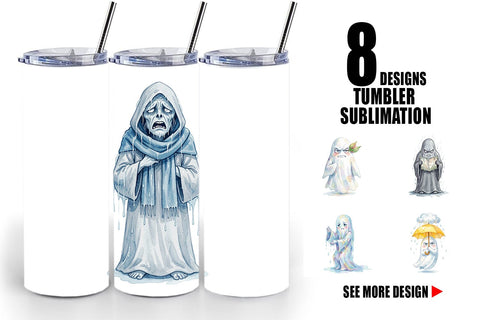 Tumbler Watercolor Grumpy Rainy Day Ghost Art Sublimation artnoy 