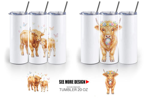 Tumbler Watercolor Highland Cow Easter Sublimation artnoy 