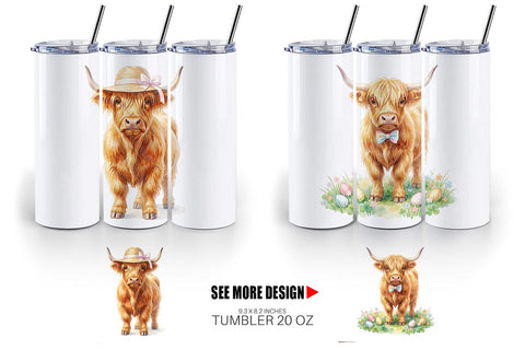 Tumbler Watercolor Highland Cow Easter Sublimation artnoy 