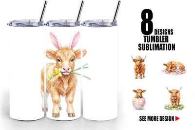 Tumbler Watercolor Highland Cow Easter Sublimation artnoy 