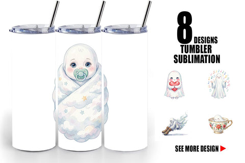 Tumbler Watercolor Kawaii Pastel Sleepy Ghost Sublimation artnoy 