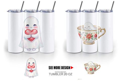 Tumbler Watercolor Kawaii Pastel Sleepy Ghost Sublimation artnoy 
