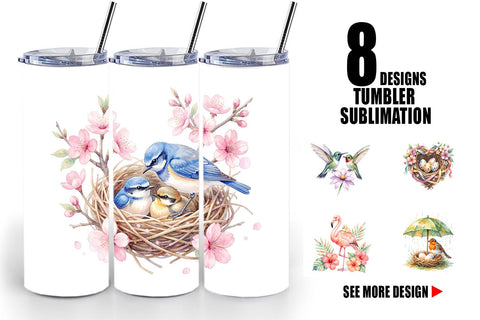 Tumbler Watercolor Mama Bird And Floral Nest Art Sublimation artnoy 
