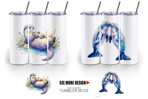 Tumbler Watercolor Mom and Baby Ocean Animals Sublimation artnoy 