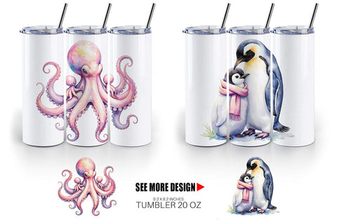 Tumbler Watercolor Mom and Baby Ocean Animals Sublimation artnoy 