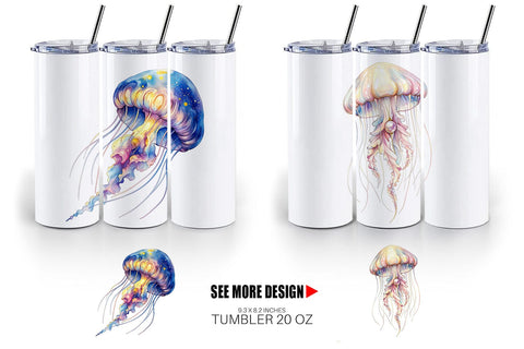 Tumbler Watercolor Pastel Jellyfish Lace Ribbon Sublimation artnoy 