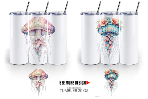 Tumbler Watercolor Pastel Jellyfish Lace Ribbon Sublimation artnoy 