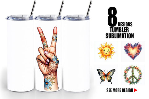 Tumbler Watercolor Peace & Petals 70s Symbols & Icons Sublimation artnoy 