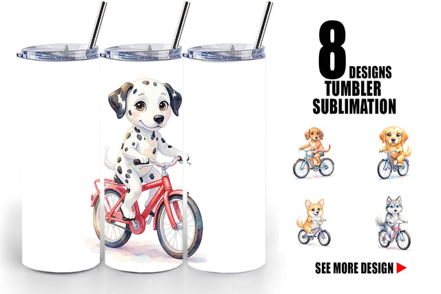 Tumbler Watercolor Puppy Eye Dogs on Bicycle Sublimation artnoy 