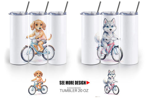 Tumbler Watercolor Puppy Eye Dogs on Bicycle Sublimation artnoy 