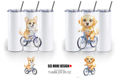 Tumbler Watercolor Puppy Eye Dogs on Bicycle Sublimation artnoy 