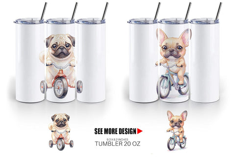Tumbler Watercolor Puppy Eye Dogs on Bicycle Sublimation artnoy 
