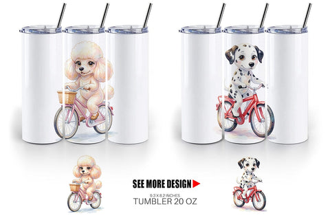 Tumbler Watercolor Puppy Eye Dogs on Bicycle Sublimation artnoy 