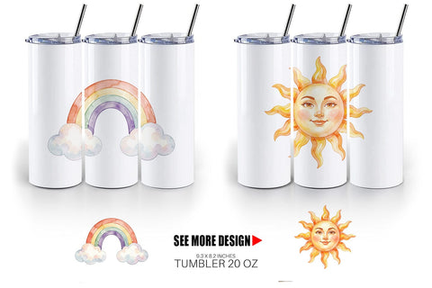 Tumbler Watercolor Retro 70s Sun And Celestial Sublimation artnoy 