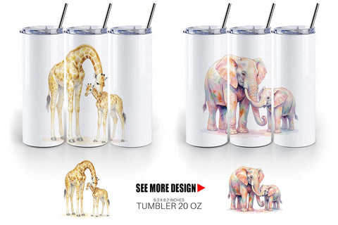 Tumbler Watercolor Safari Mom And Baby Animal Sublimation artnoy 
