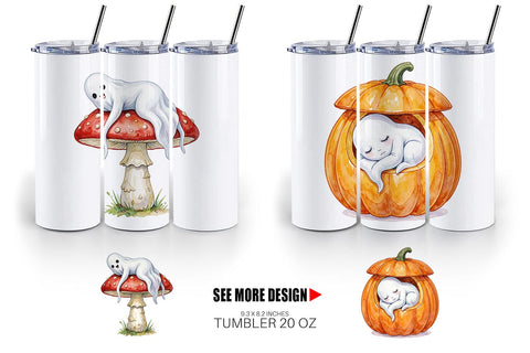 Tumbler Watercolor Sleepy Autumn Pumpkin Ghost Sublimation artnoy 