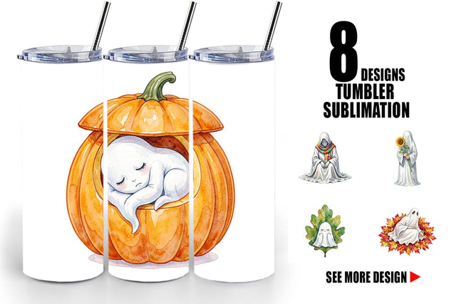 Tumbler Watercolor Sleepy Autumn Pumpkin Ghost Sublimation artnoy 