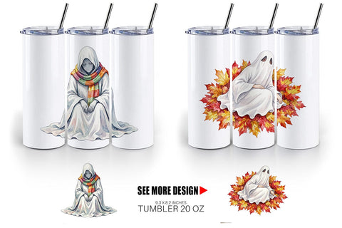 Tumbler Watercolor Sleepy Autumn Pumpkin Ghost Sublimation artnoy 