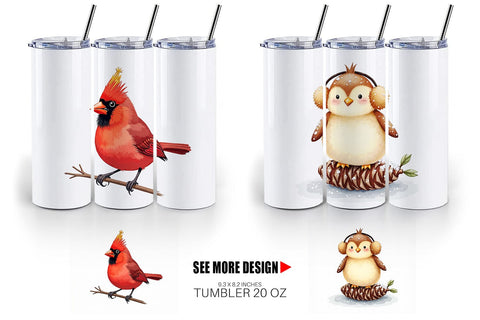 Tumbler Whimsical Winter Birds Watercolor Sublimation artnoy 