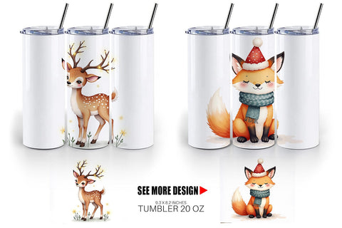 Tumbler Whimsical Winter Forest Friends Watercolor Sublimation artnoy 