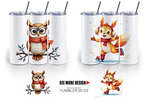 Tumbler Whimsical Winter Forest Friends Watercolor Sublimation artnoy 