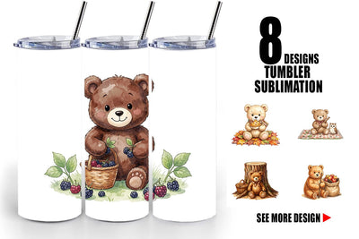 Tumbler Woodland Forest Teddy Bear Watercolor Sublimation artnoy 