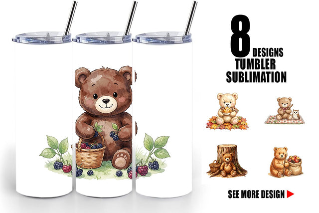 Tumbler Woodland Forest Teddy Bear Watercolor Sublimation artnoy 
