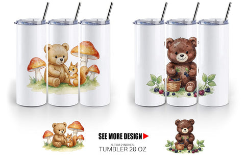 Tumbler Woodland Forest Teddy Bear Watercolor Sublimation artnoy 