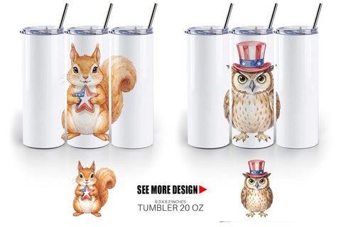 Tumbler Woodland Patriotic Animals Watercolor Sublimation artnoy 