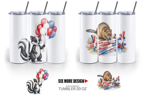 Tumbler Woodland Patriotic Animals Watercolor Sublimation artnoy 