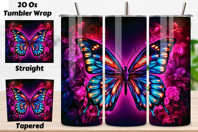 Tumbler Wrap 3d Butterfly, 3D Golden Butterfly and Flowers 20 oz Skinny Tumbler Sublimation Design, Straight And Tapered Tumbler Wrap, Instant Digital Download PNG Sublimation FloridPrintables 