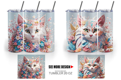 Tumbler Wrap 3D Cat with Flower Fantasy Sublimation artnoy 