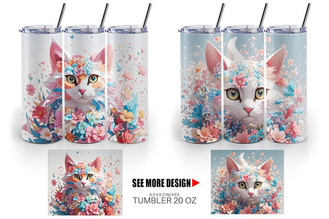 Tumbler Wrap 3D Cat with Flower Fantasy Sublimation artnoy 