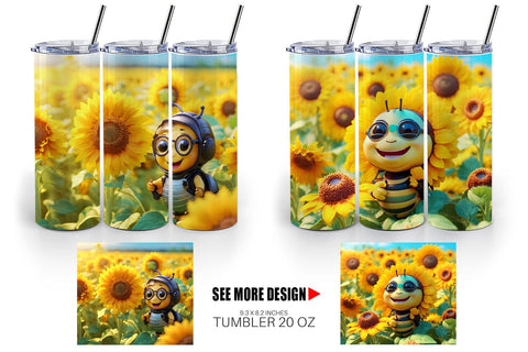 Tumbler Wrap 3D Cute Bee Sunflowers Sublimation artnoy 